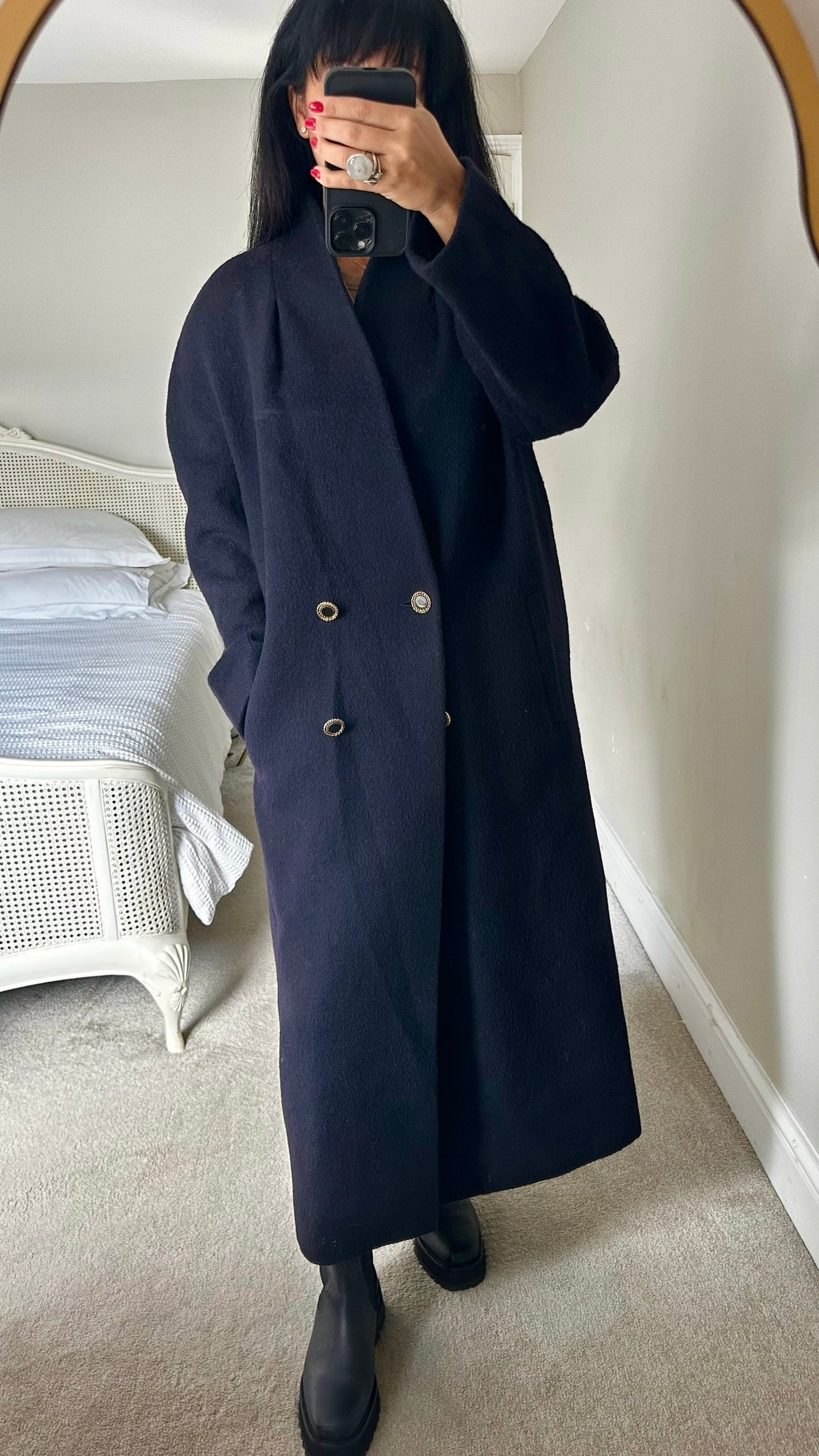 Alexon vintage navy blue mohair wool blend long maxi coat extra large XL UK 14