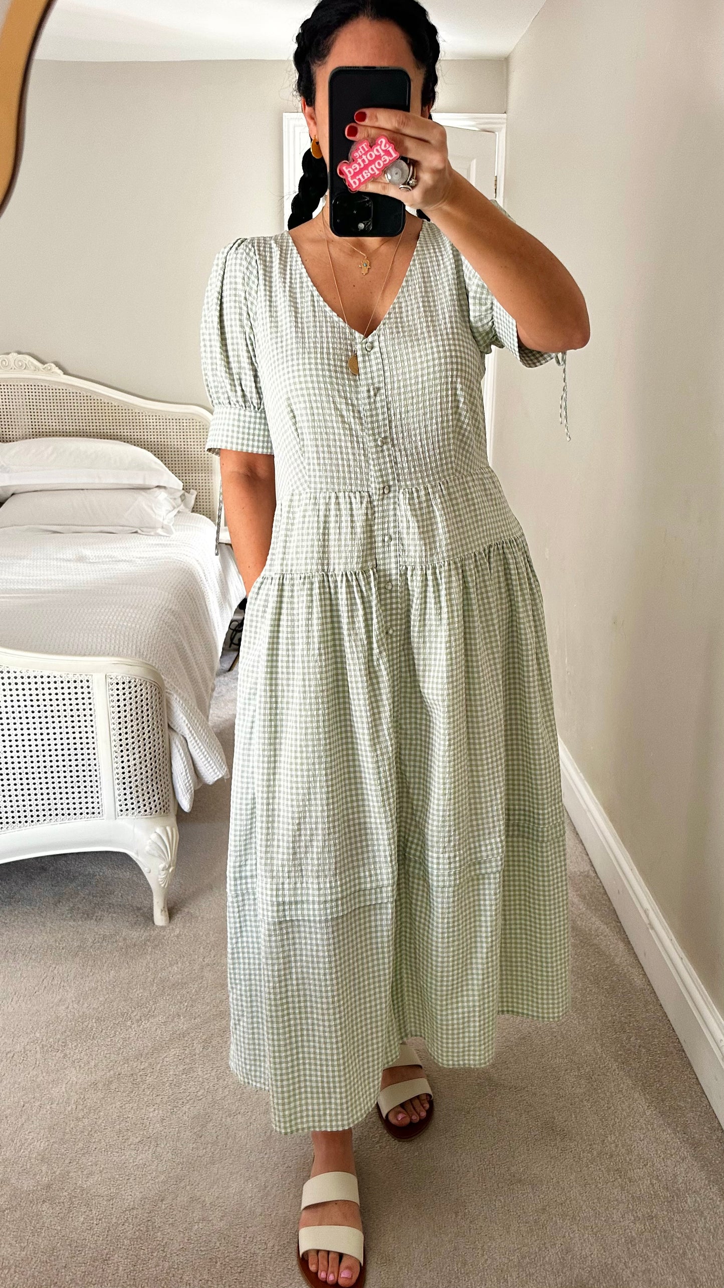 Oliver Bonas light green white gingham check button up holiday sun dress extra small medium UK 6-8 12-14 vgc