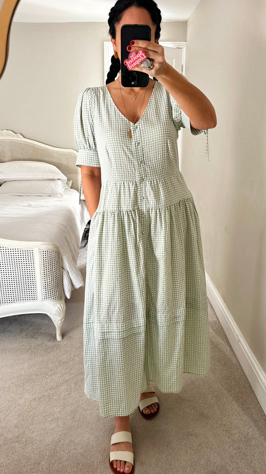 Oliver Bonas light green white gingham check button up holiday sun dress extra small medium UK 6-8 12-14 vgc