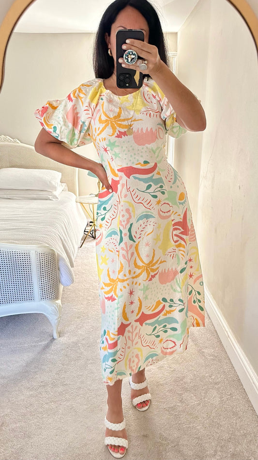 Oliver bonas linen blend coral green orange printed wedding guest dress small UK 8 vgc