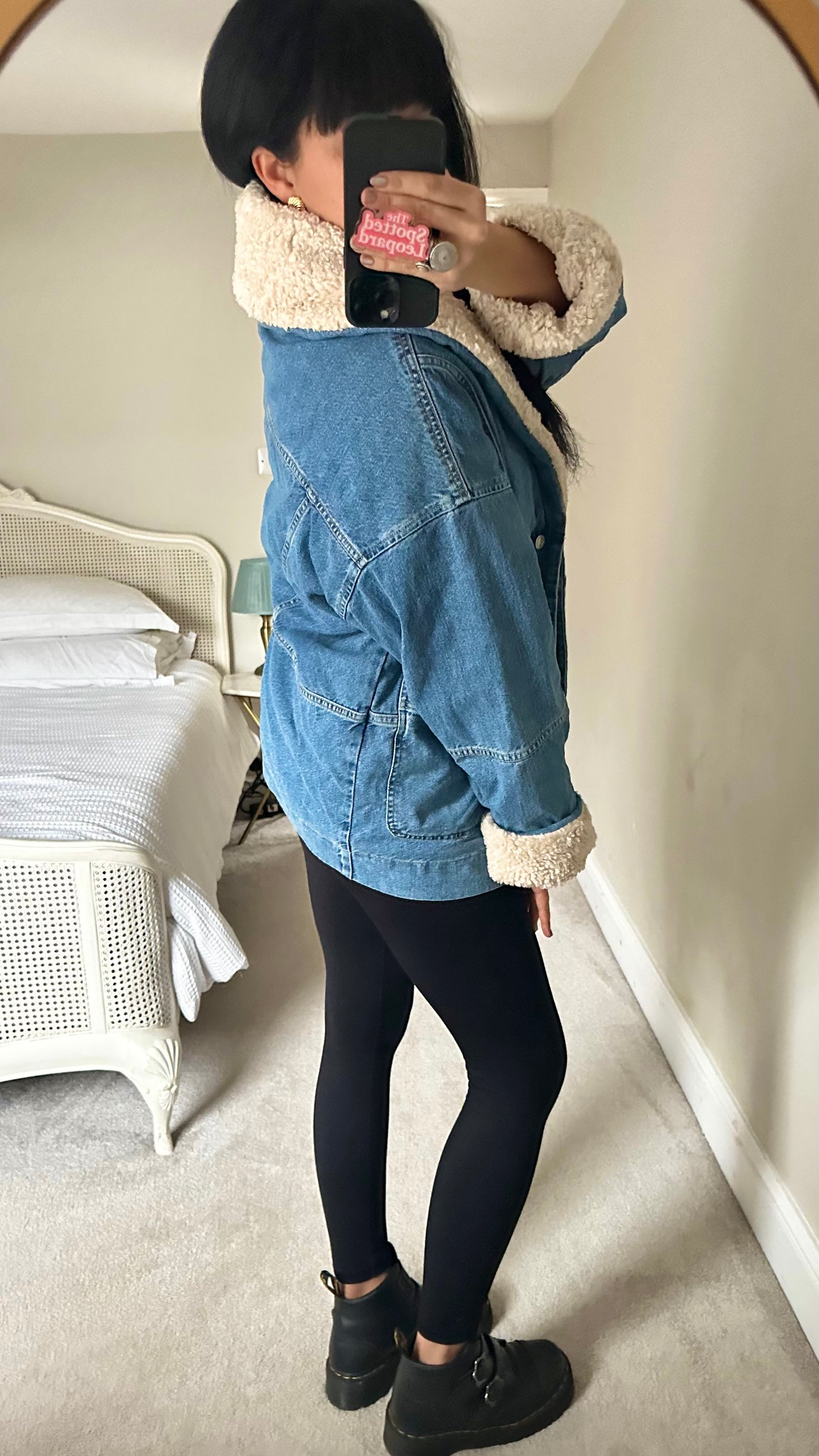 Topshop blue denim faux shearling jacket quilted coat small UK 8-10 oversized vgc