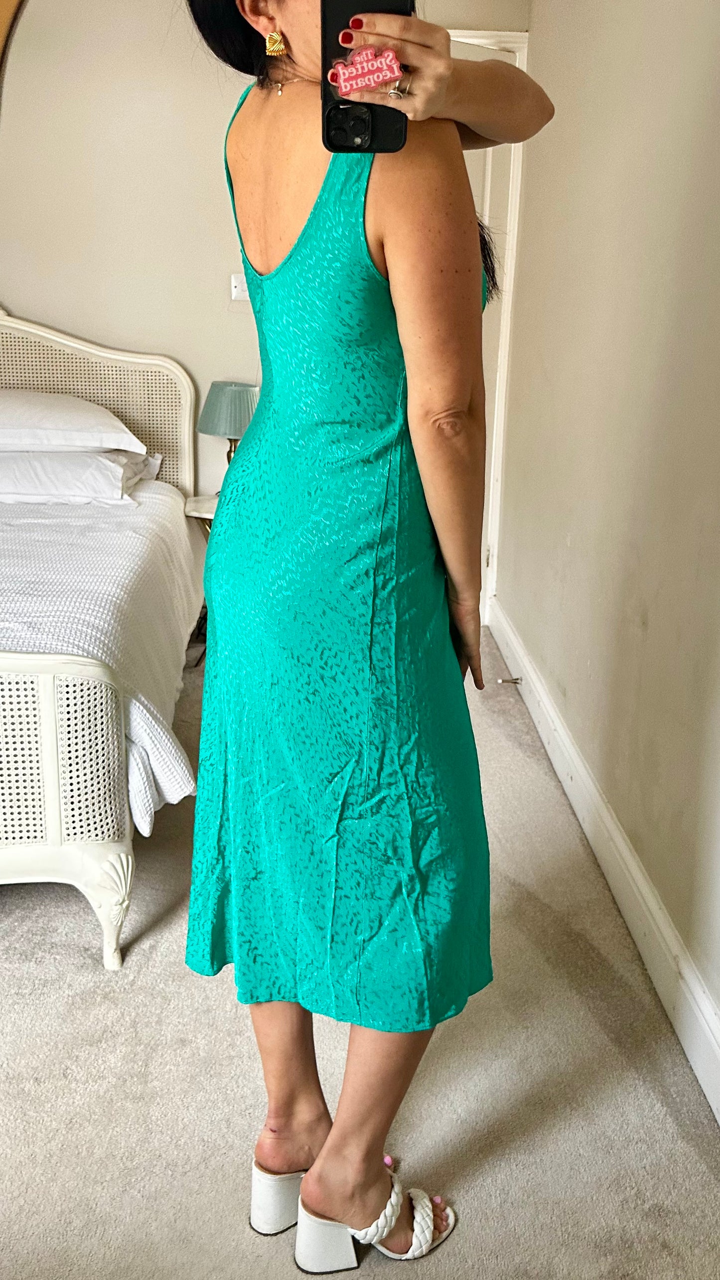Oliver Bonas turquoise green animal print slinky midi long wedding guest dress small medium UK 8 12