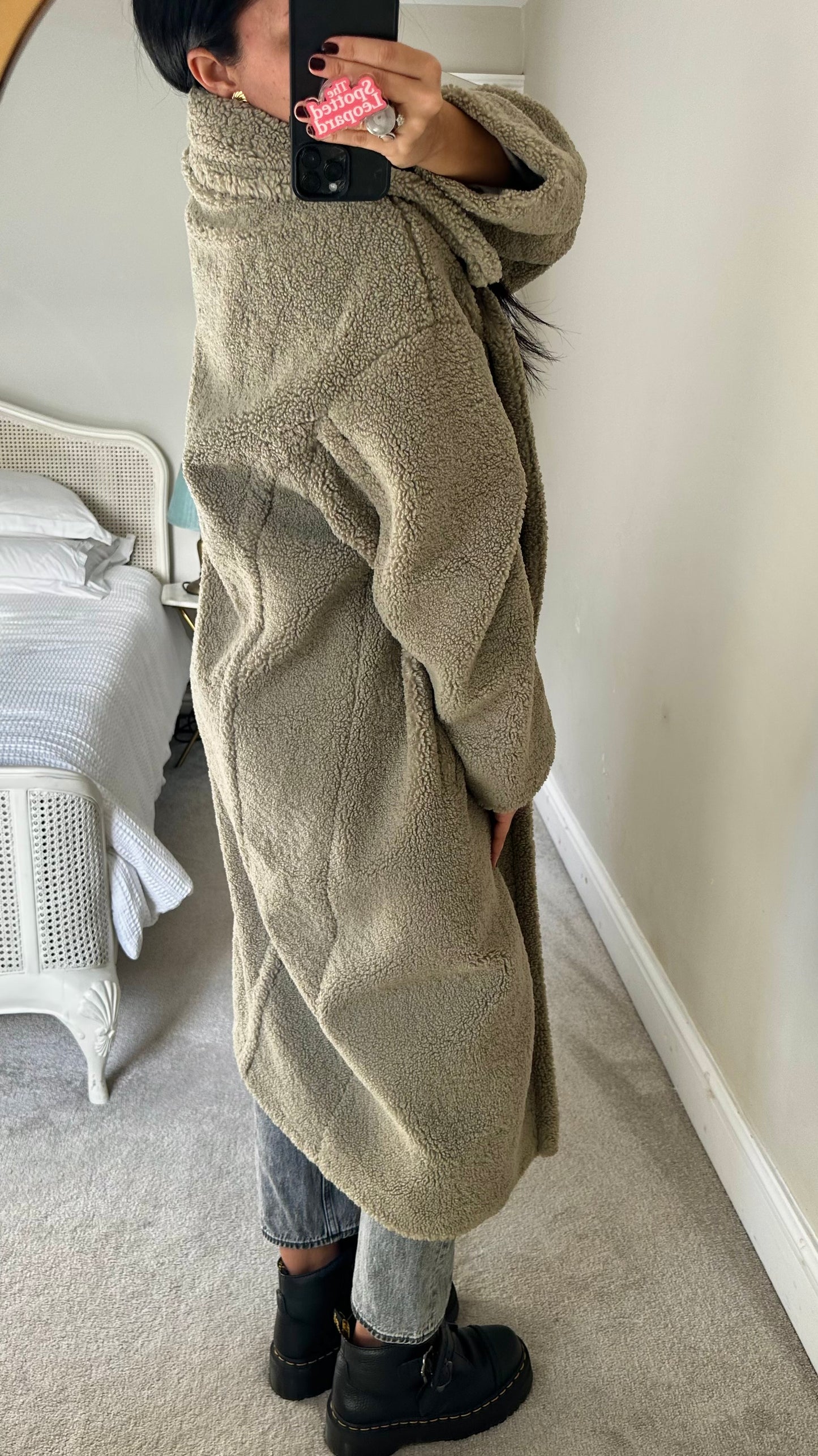 Pretty Lavish khaki beige stone teddy long maxi coat large UK 12 14 16 vgc