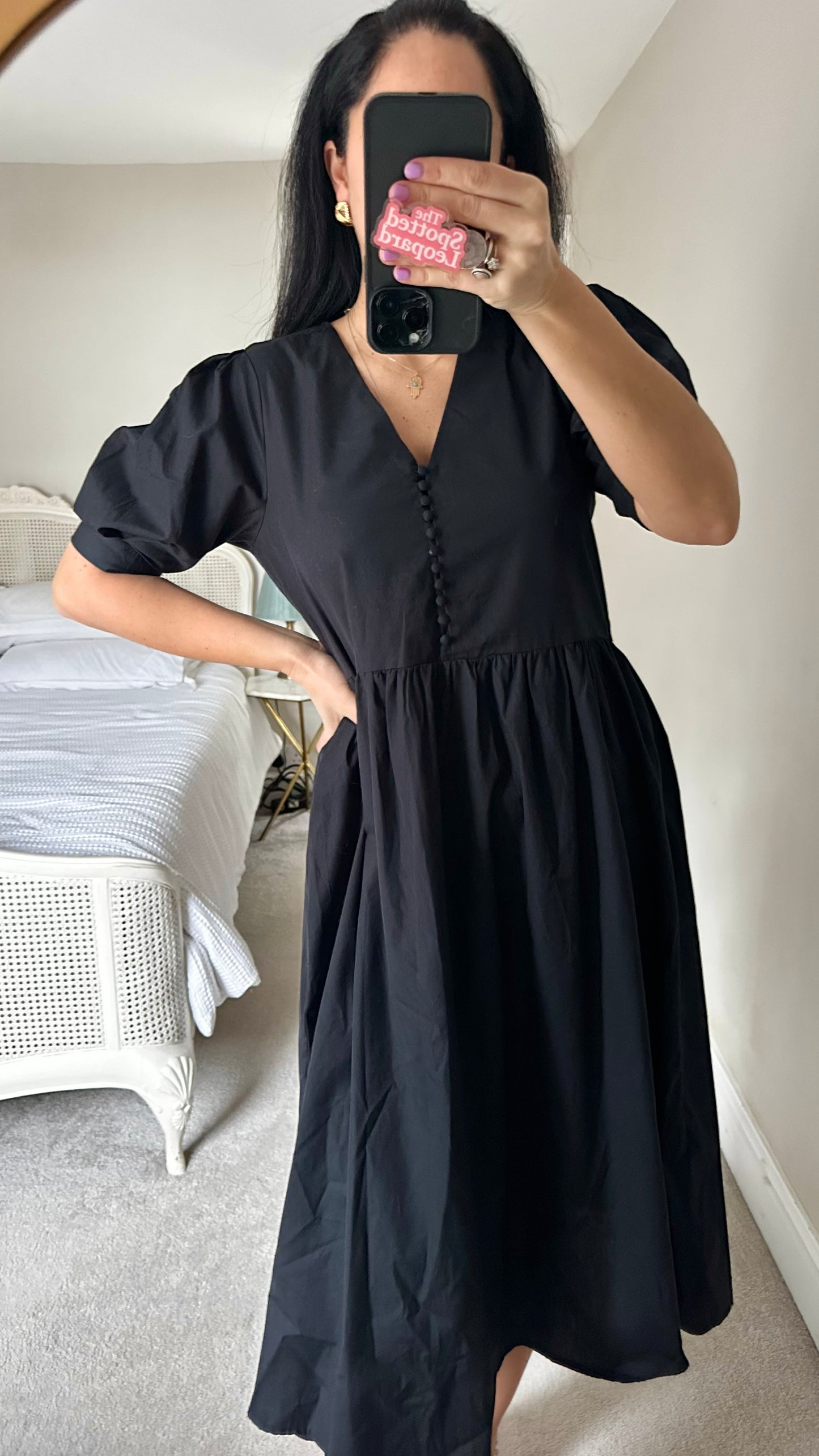 Selected Femme @ Anthropologie black organic cotton button up sun dress casual small UK 8 vgc