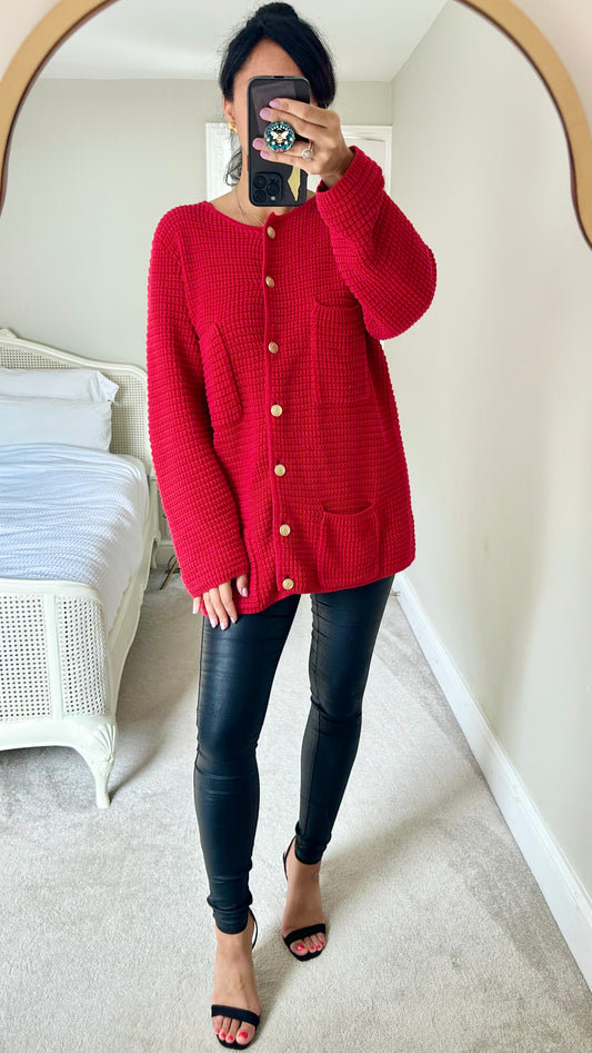 Next bright red knitted button up oversized cardigan vintage style UK 12 longline