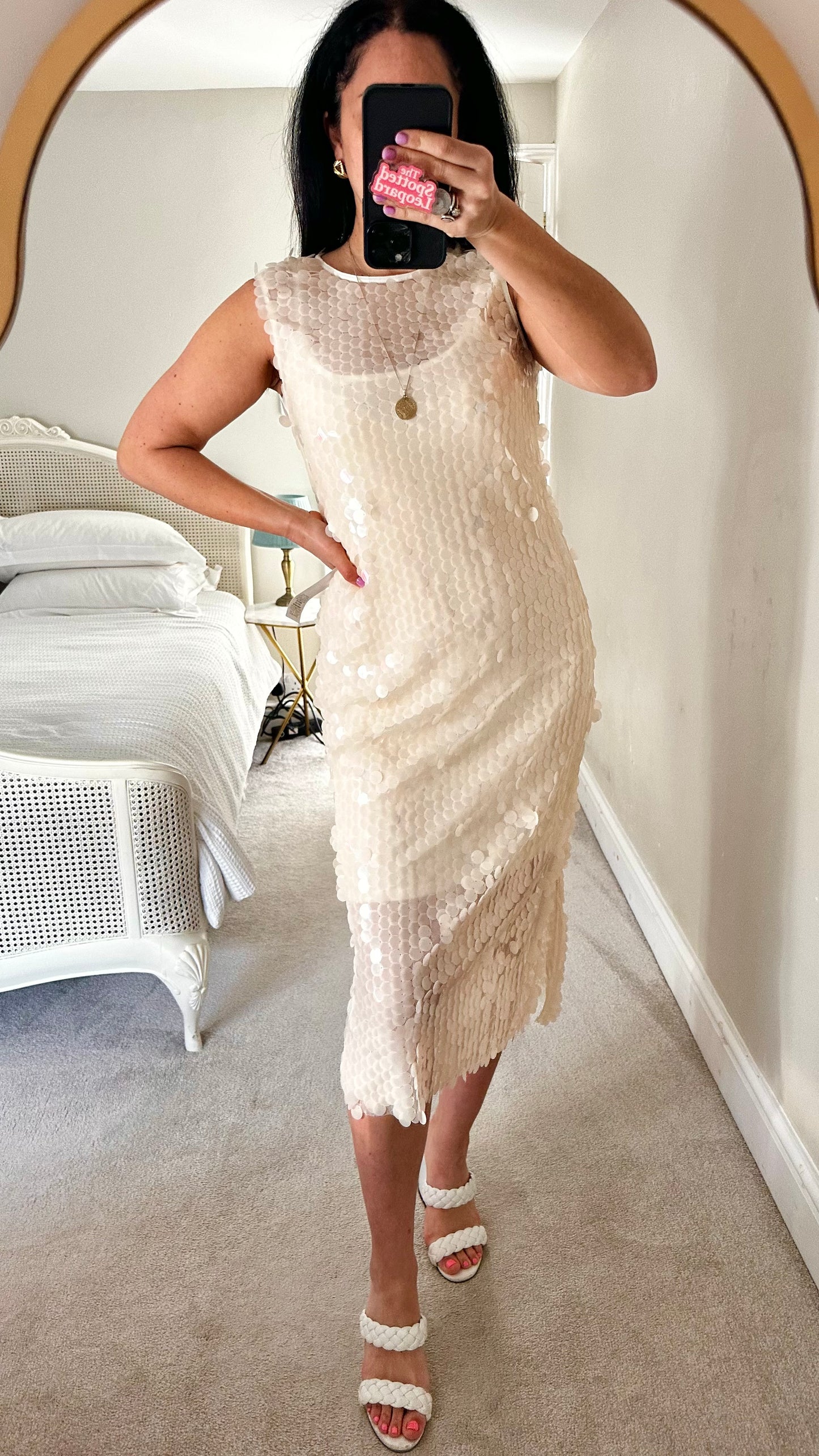 Never Fully Dressed cream sequin disc midi long white dress event holiday small UK 10 new bnwt
