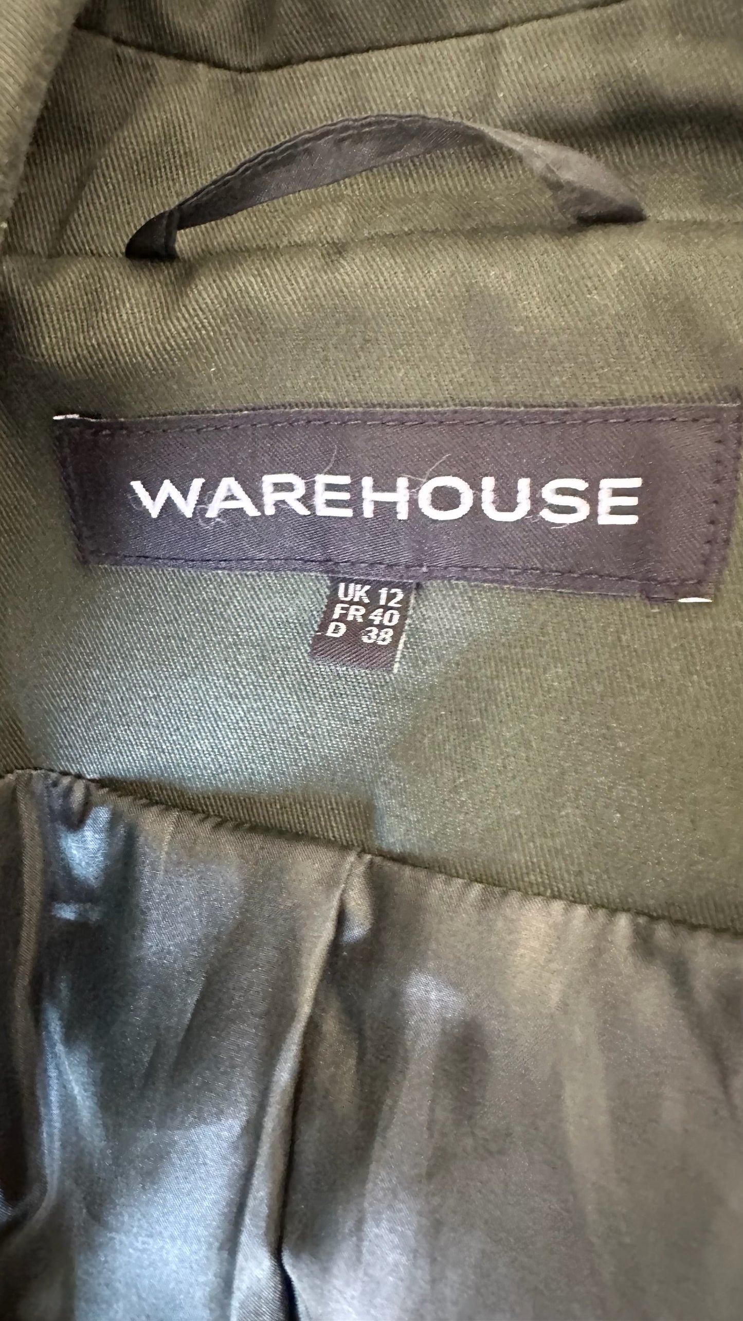 Warehouse khaki olive green tie front trench coat mac jacket large UK 12 vgc w25