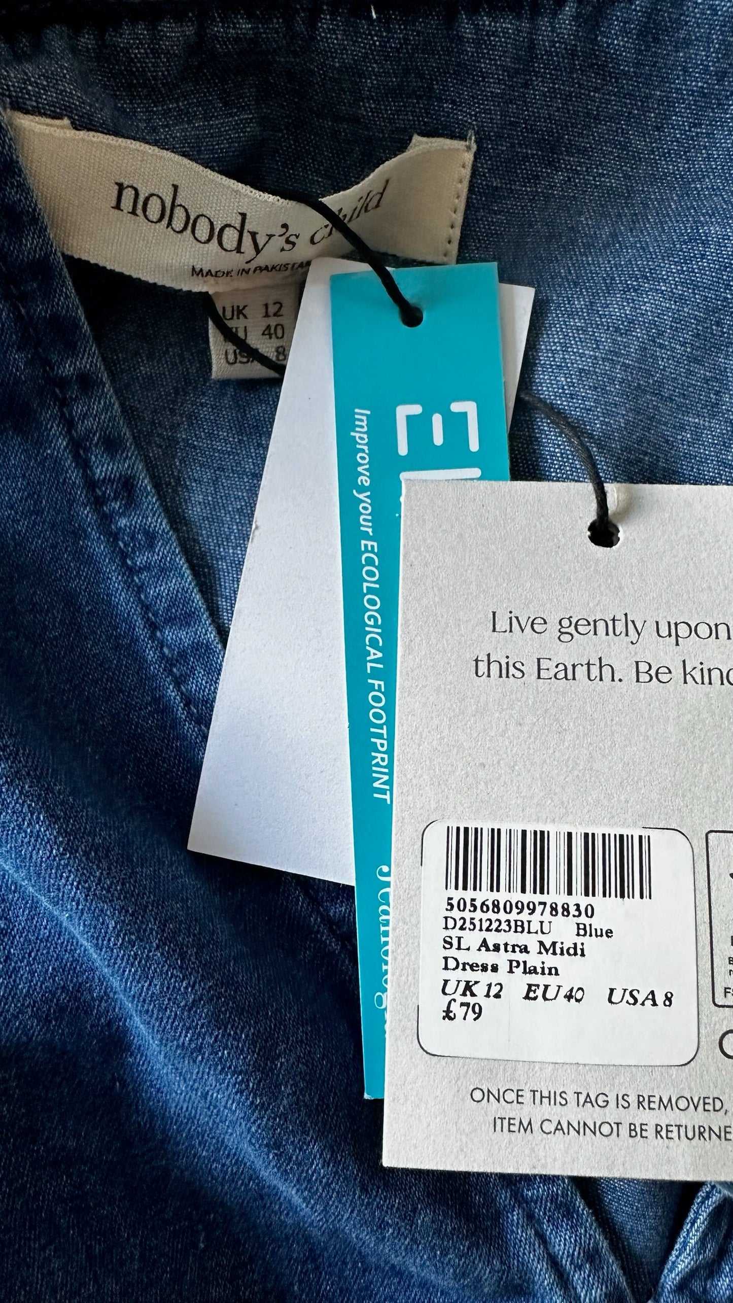 Nobodys Child navy blue denim jeans tie front midi dress UK 12 new bnwt