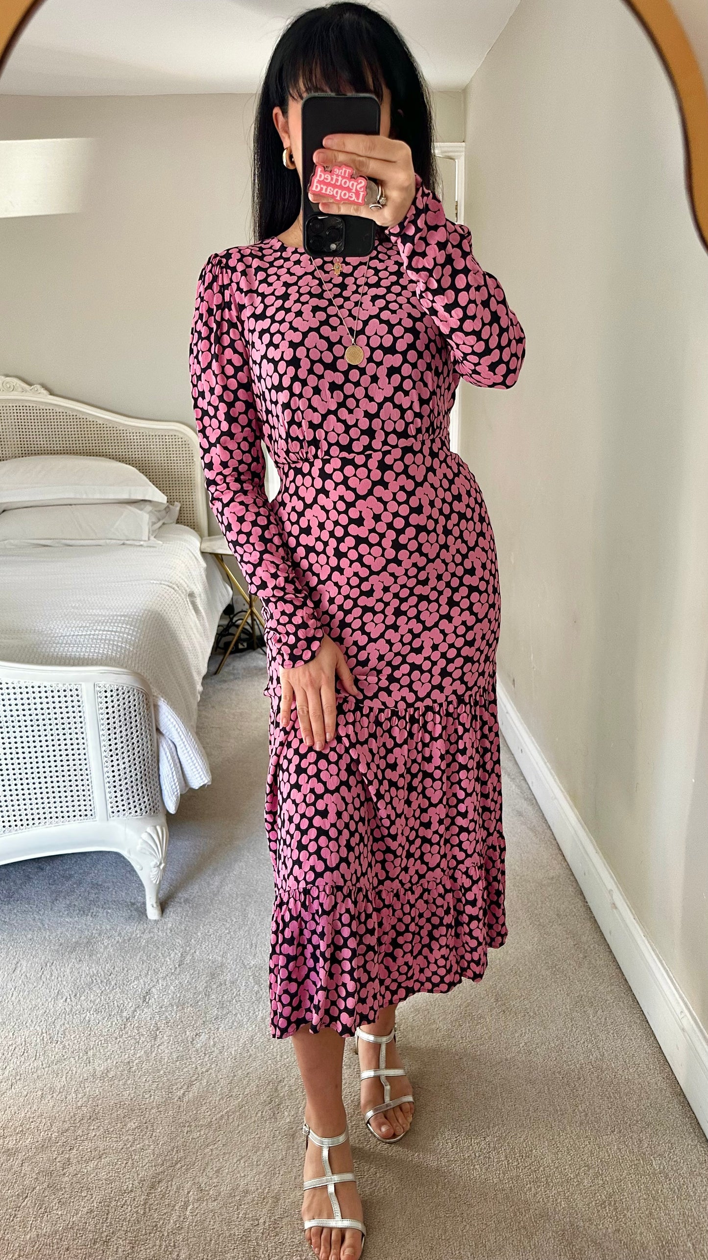 Mango navy blue pink polka dot event dress medium UK 10-12 vgc long backlesss