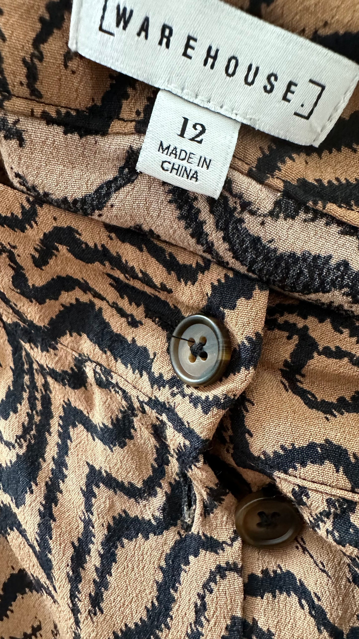 Warehouse beige black animal print tiger button up midi skirt medium large UK 12