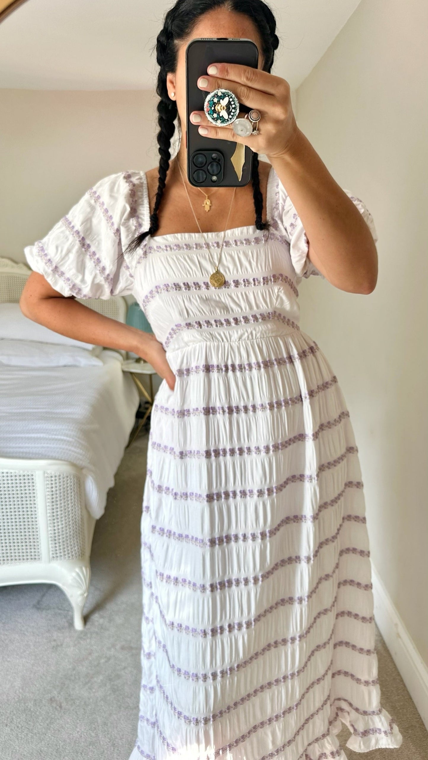 Mint velvet white lilac floral print matte tiered maxi midi dress small medium UK 10 14