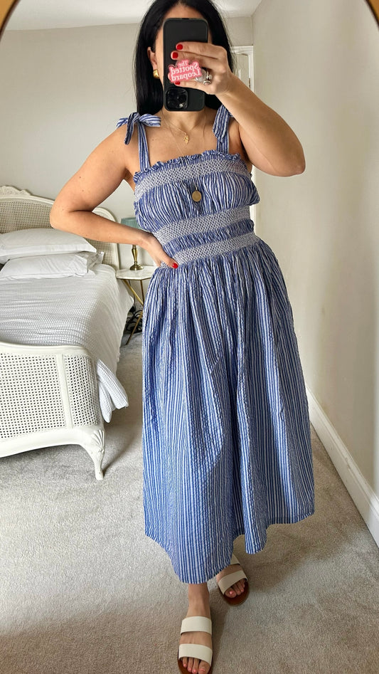 Nobodys child blue white stripe shirt bust holiday maxi dress UK 14 vgc