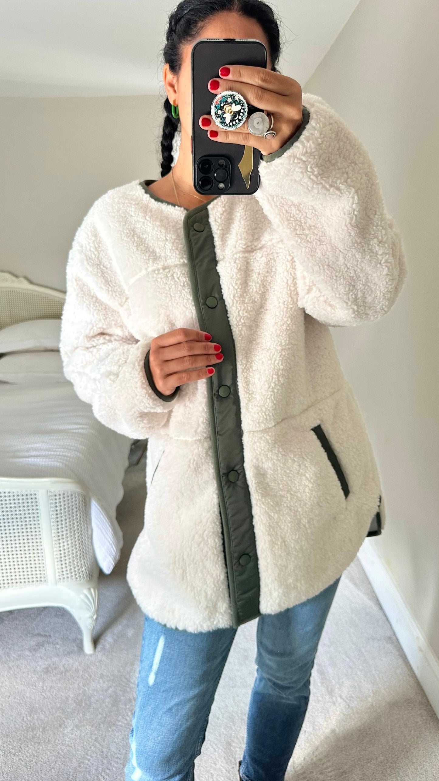 Abercrombie & fitch cream khaki green teddy borg coat jacket extra large UK 14 vgc w25