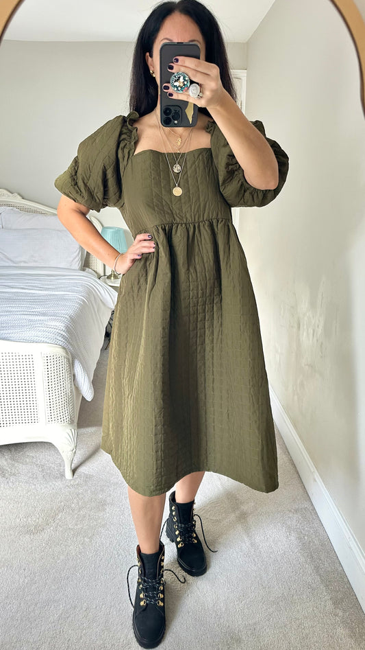 Selected Femme @ Anthropologie khaki Olive Green quilted midi dress extra large UK 14 vgc