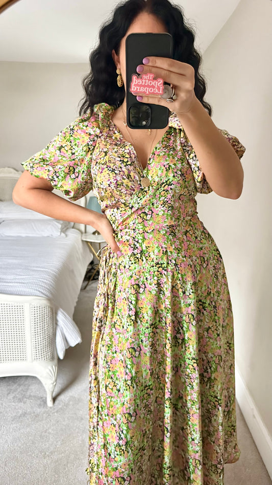 Topshop green yellow lilac floral wrap midi event dress wedding medium UK 12 vgc