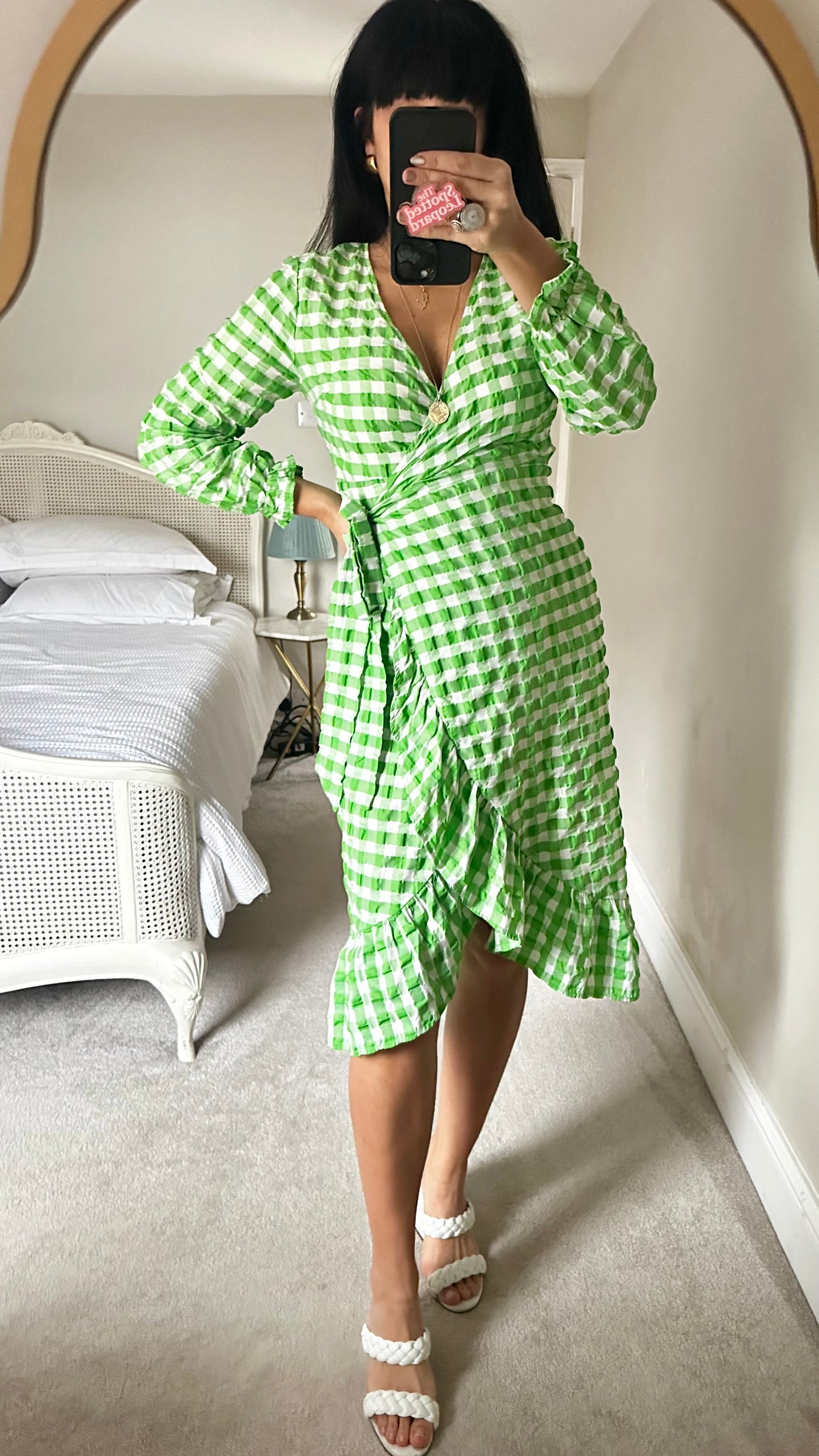 Never Fully Dressed green white gingham check wrap midi dress small petite UK 8 vgc