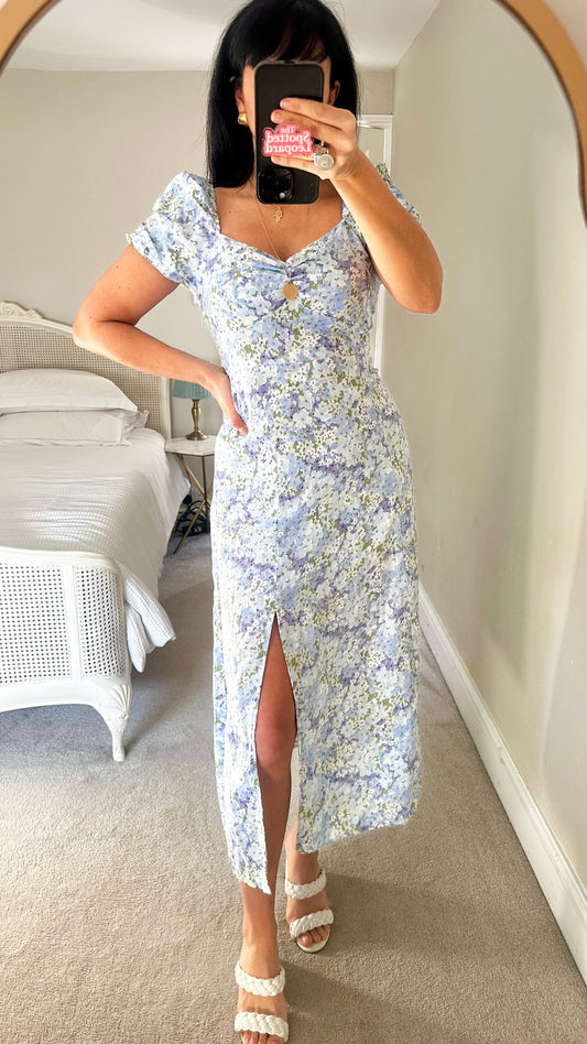 & other stories light blue lilac floral side split midi wedding guest 100% linen dress small medium UK 10 12