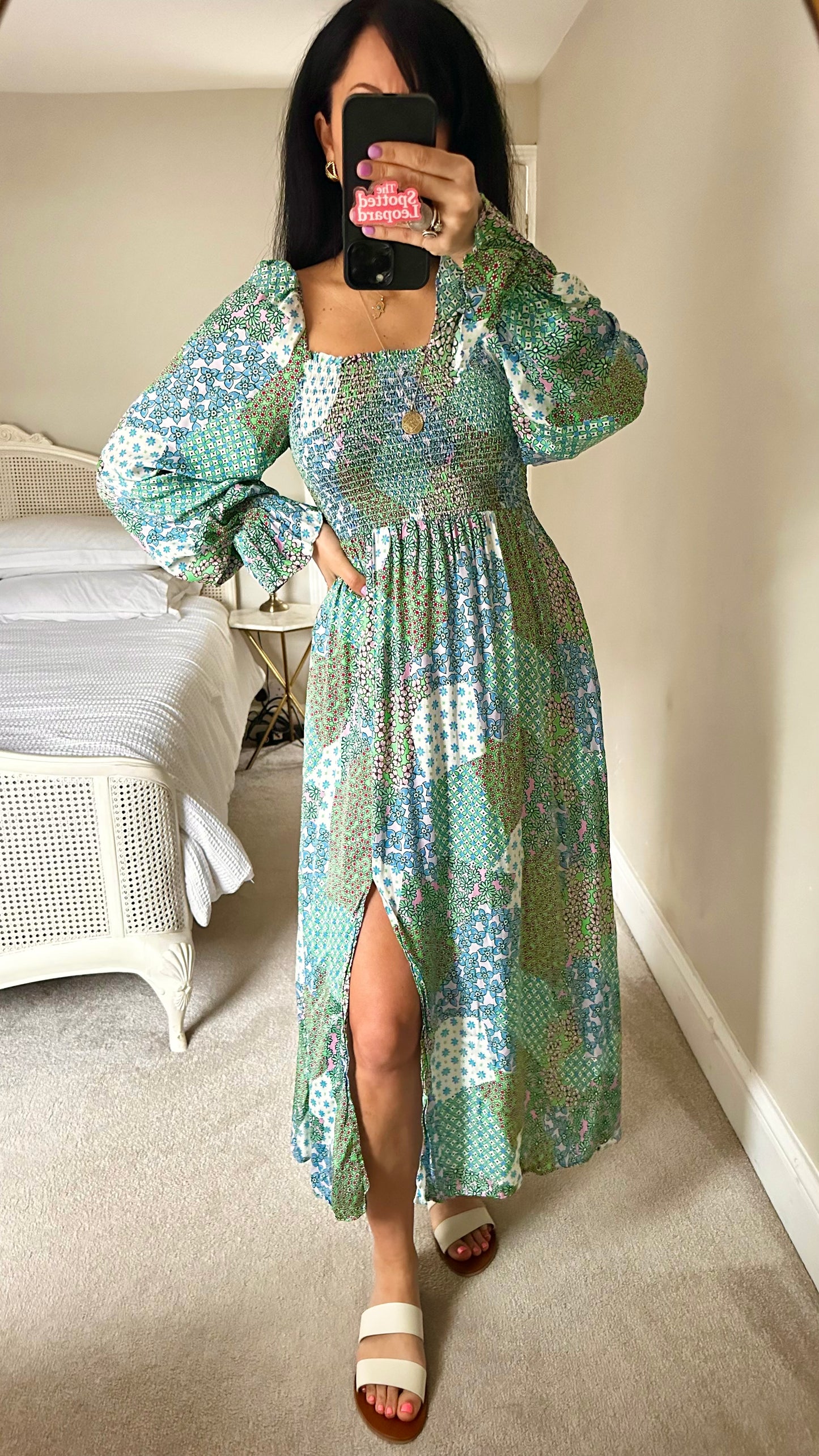 Kitri blue green printed shirred boho side split midi long dress medium UK 12-14 vgc