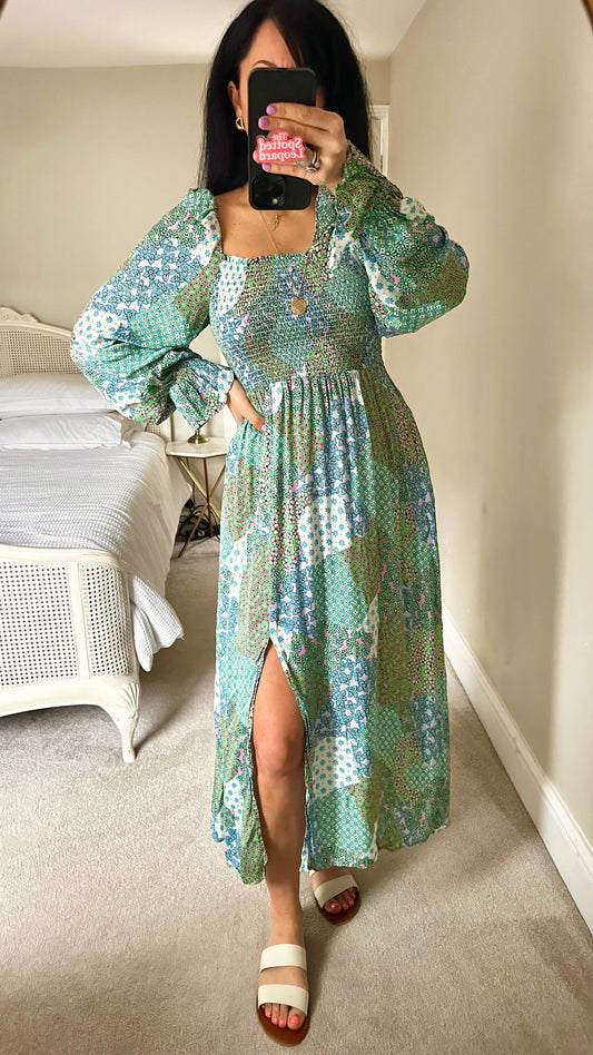 Kitri blue green printed shirred boho side split midi long dress medium UK 12-14 vgc