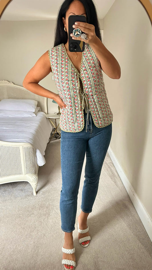 Damson madder reversible green pink gingham waistcoat top medium UK 10 vgc