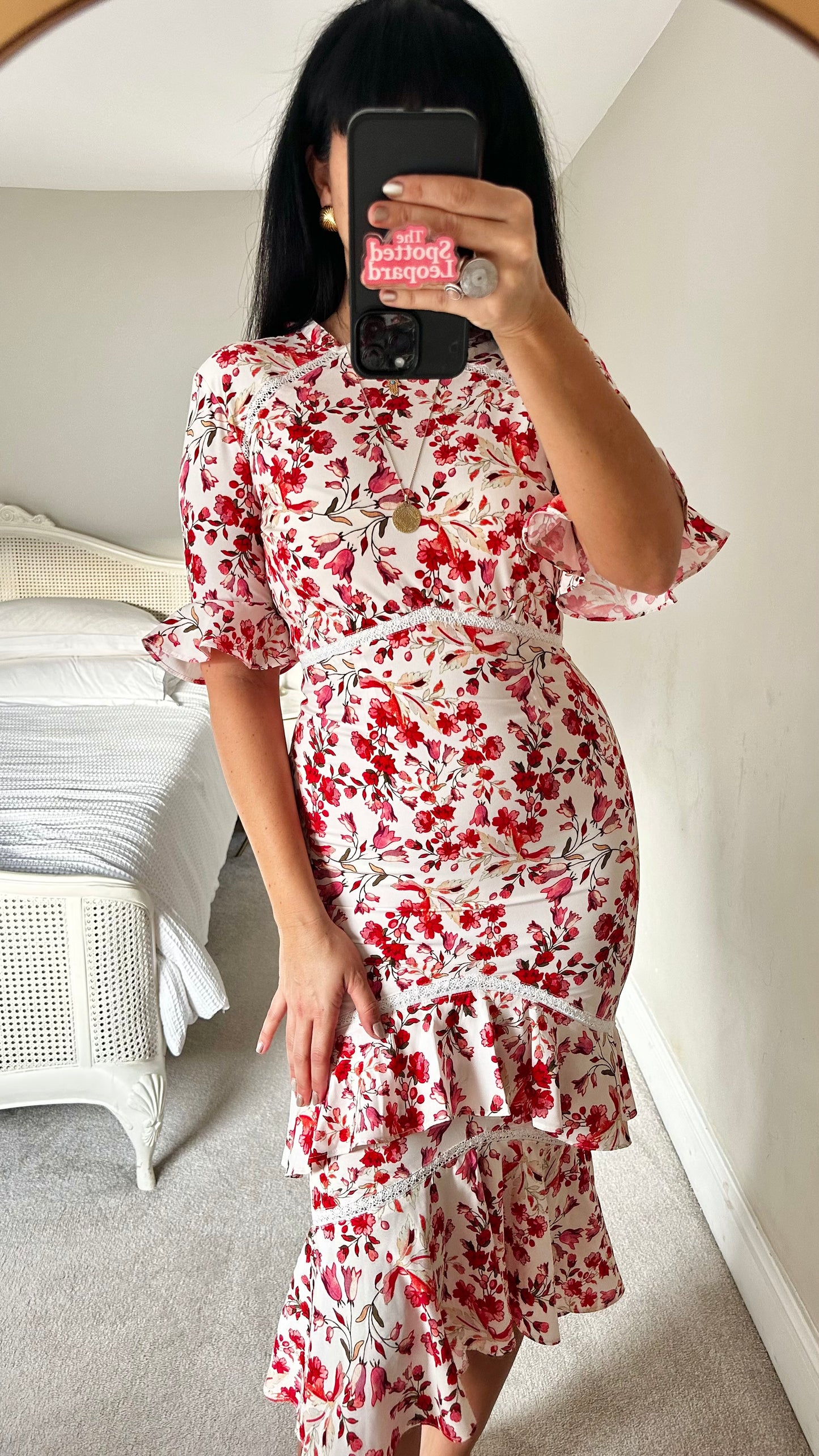 Hope & Ivy red cream floral tiered wedding guest dress small UK 8 vgc