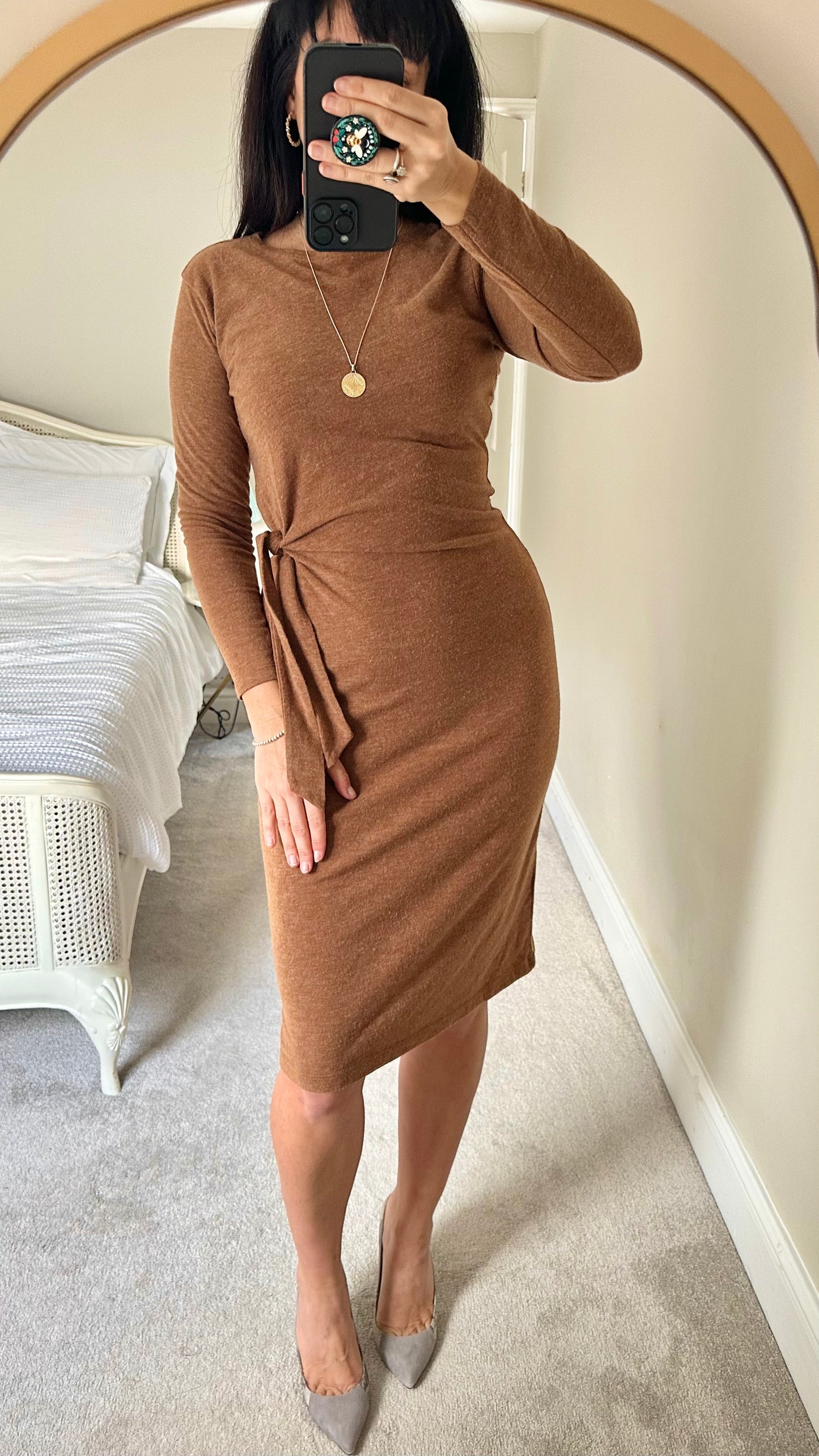 Mango brown beige knitted side tie jumper dress extra small UK 6 vgc