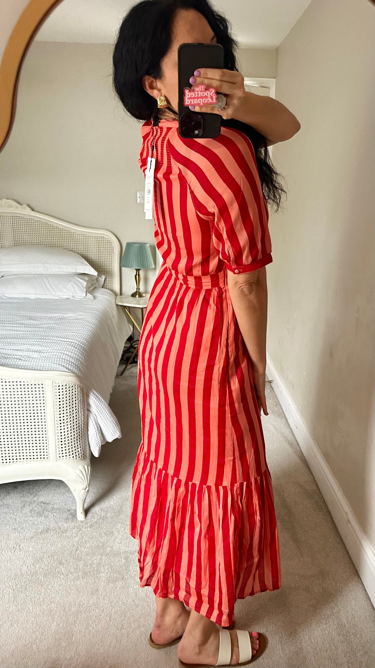 Whistles red coral stripe cotton button up midi dress small UK 8 new