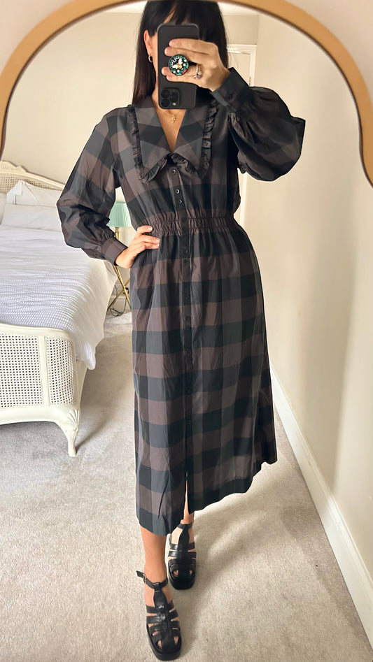 & other stories black brown check gingham collared midi long dress medium UK 10 12 new bnwot