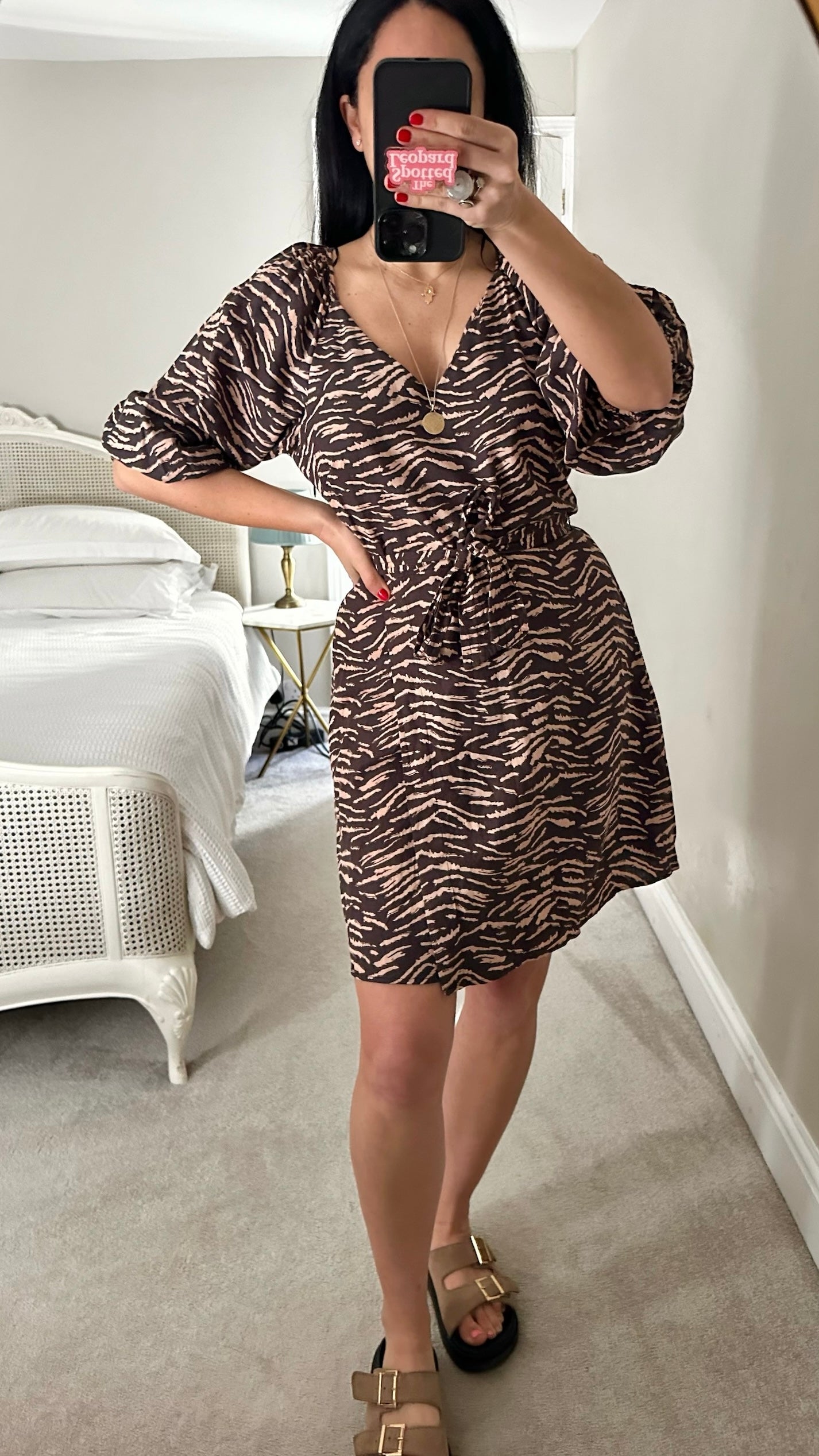 Oliver bonas brown beige tiger print mini linen blend dress Medium M UK 10 excellent used condition