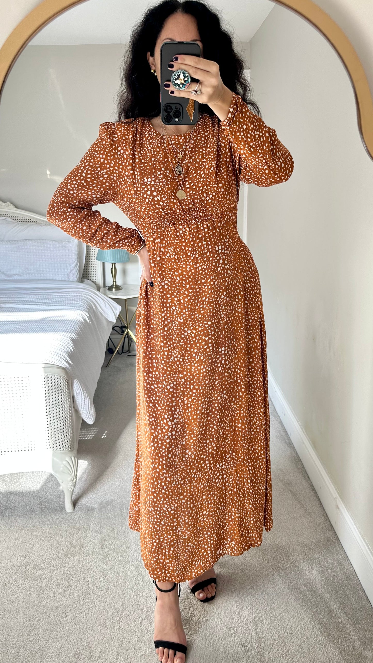 Mango orange white polka dot smudge maxi midi long dress large UK 12 vgc