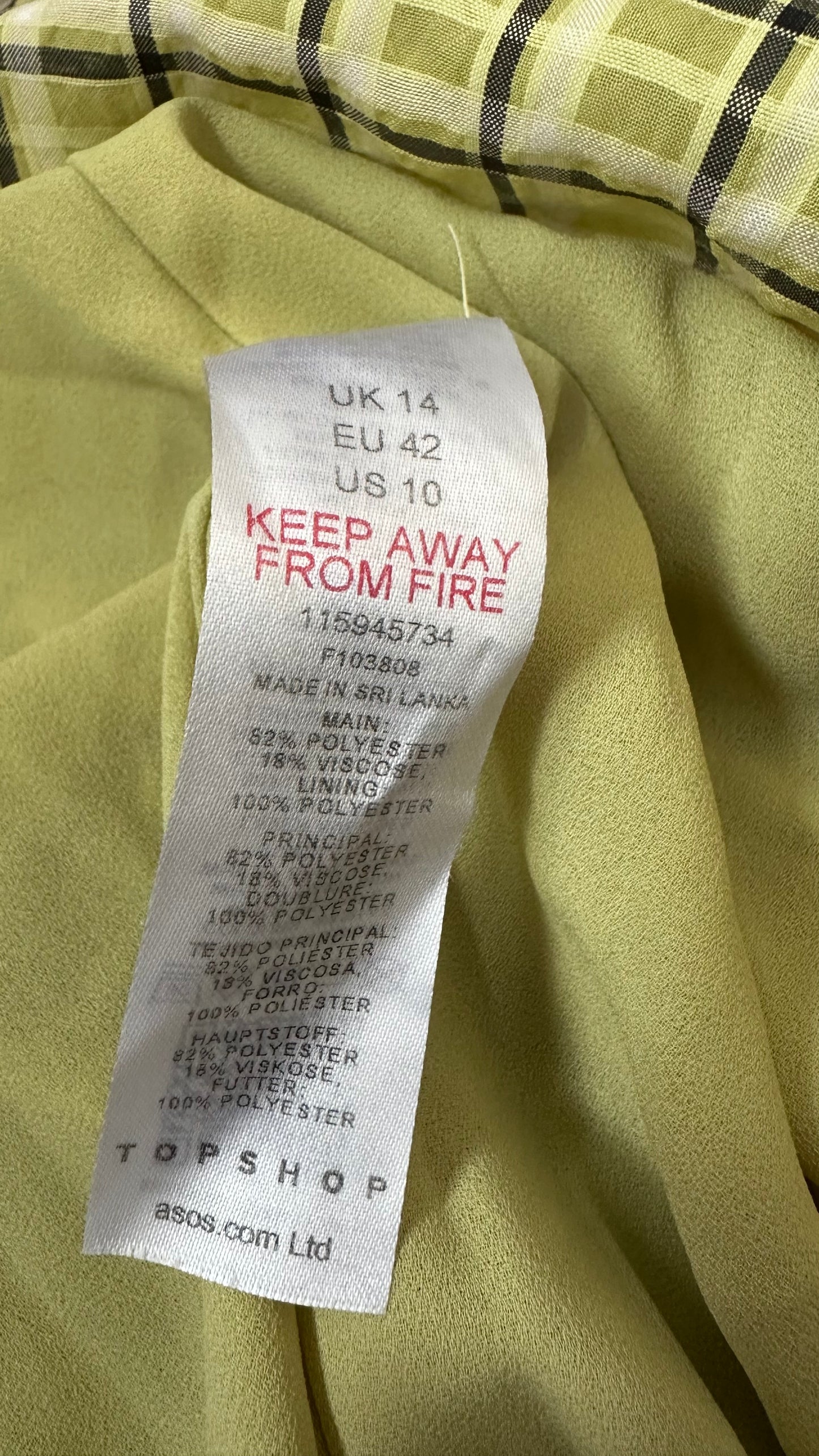 Topshop acid yellow green gingham check long midi dress medium UK 14 vgc