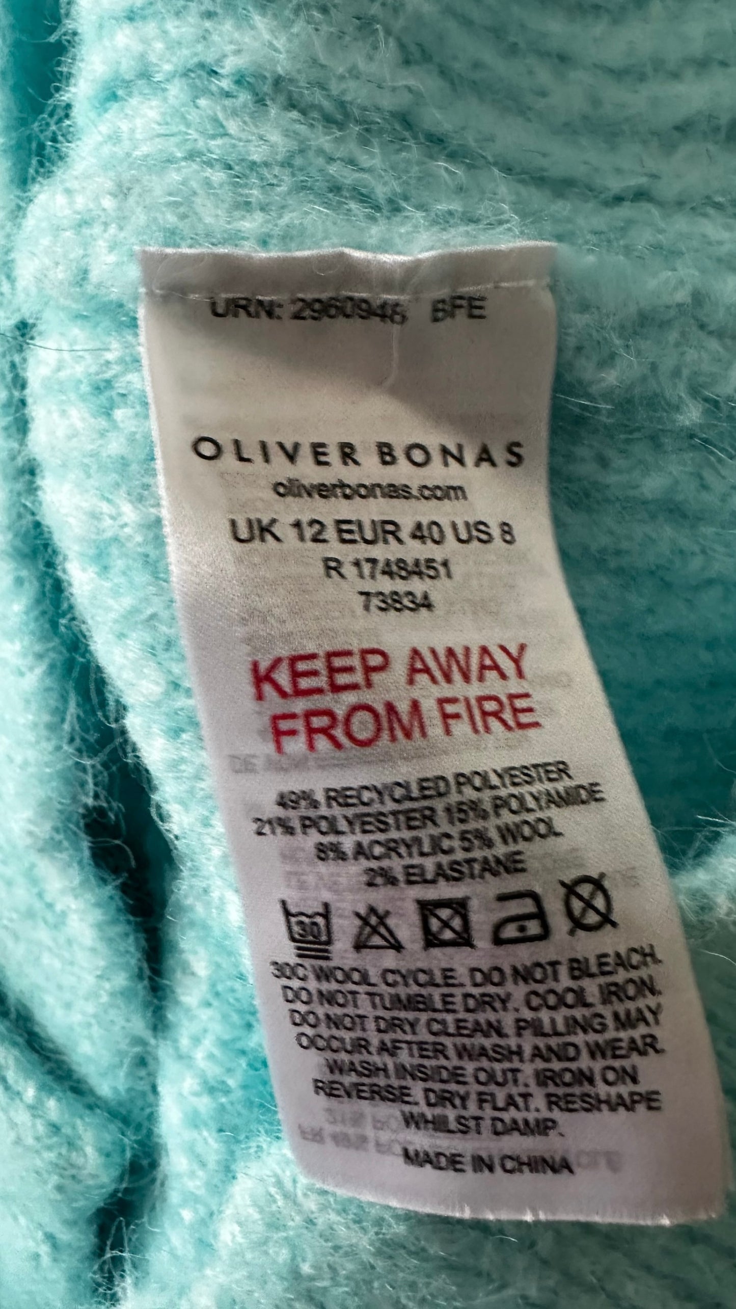 Oliver bonas turquoise scalloped knitted cardigan jumper medium UK 12 vgc