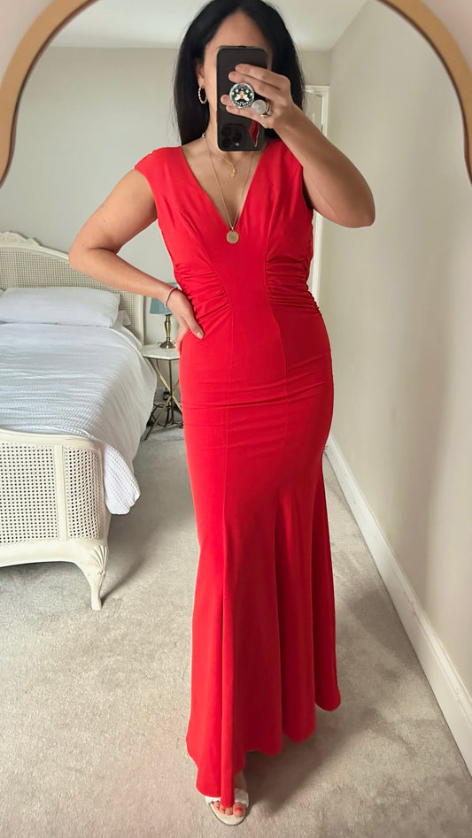 Halston @ Net A Porter red ruched cinched waist maxi dress wedding guest event extra small XS 6