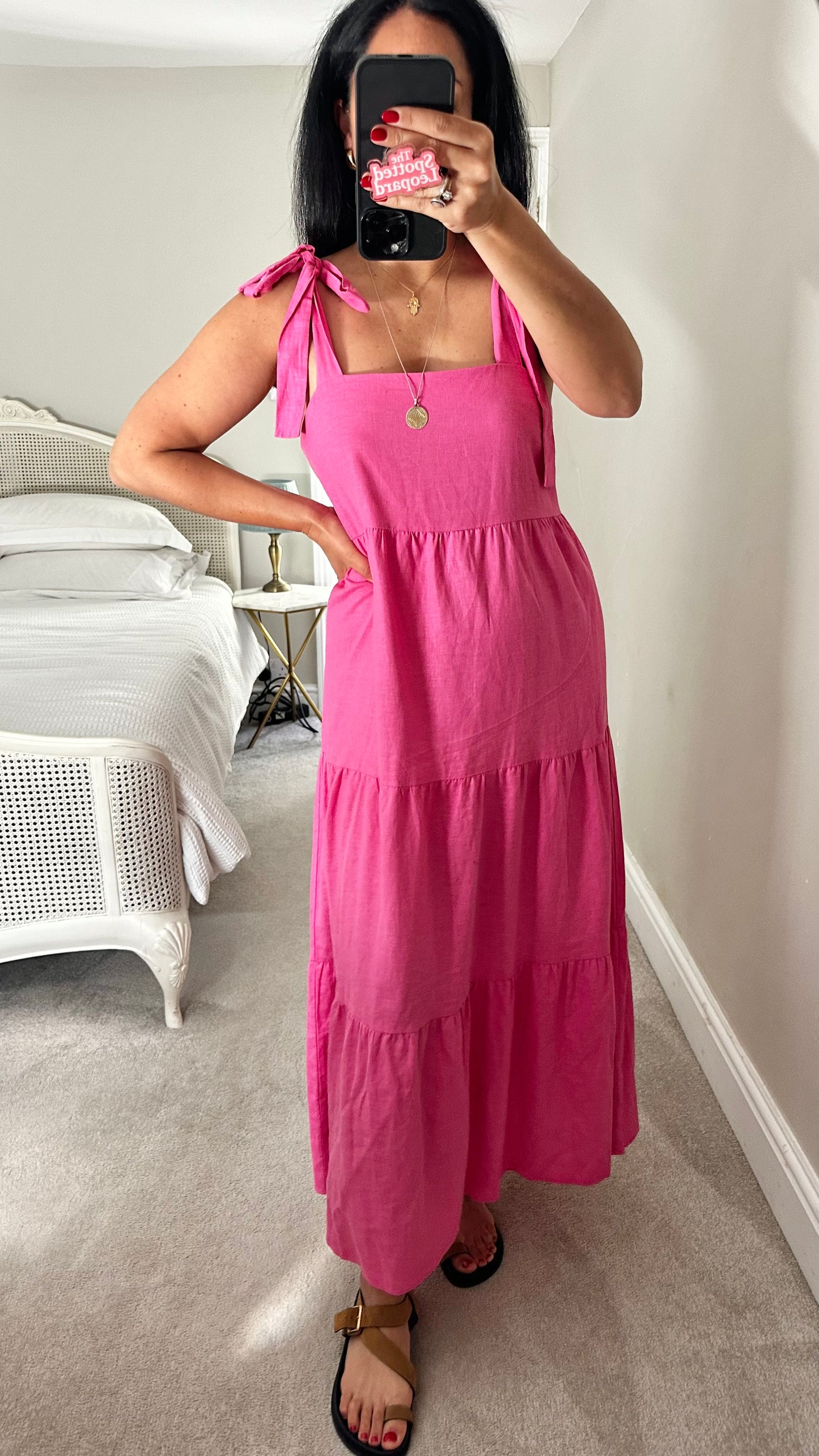 Feather & Bone @ Anthropologie fuschia pink tiered linen blend maxi long holiday dress medium large UK 12 14 vgc