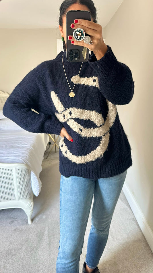 Monsoon navy blue vintage double horse shoe knitted jumper large UK 12 vgc w25
