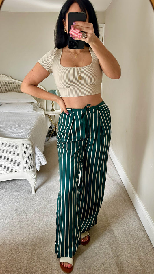 Whistles dark green white stripe trousers small UK 10 vgc