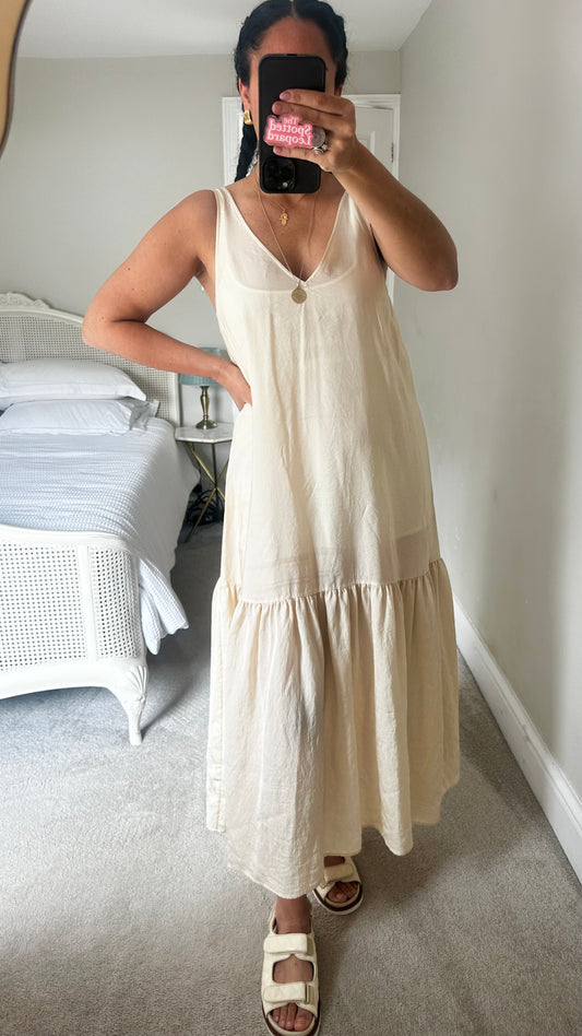 & other stories cream crinkle maxi long dress boho medium UK 12 vgc