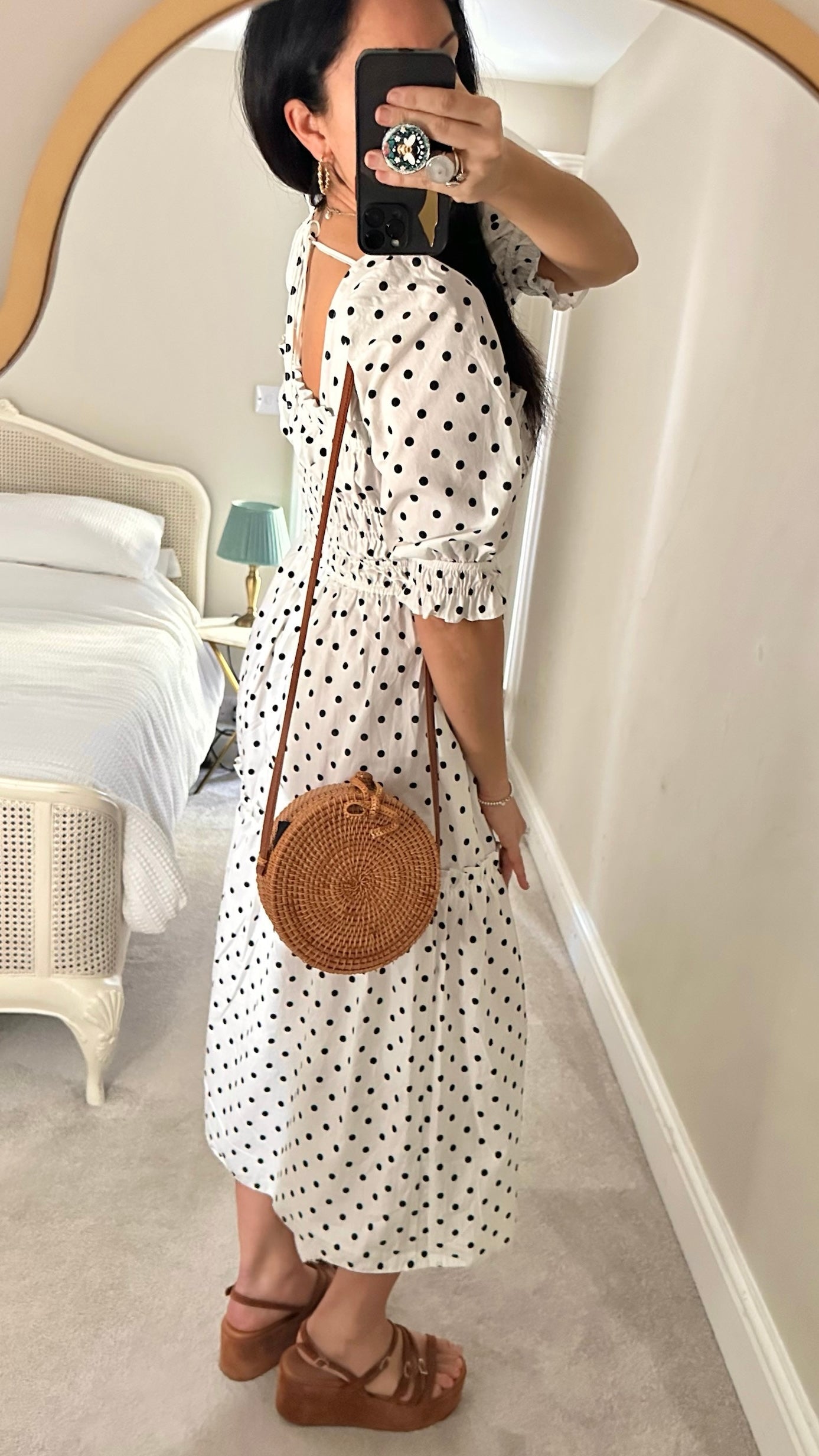 Topshop black white polka dot shirred bust midi sun dress small UK 8