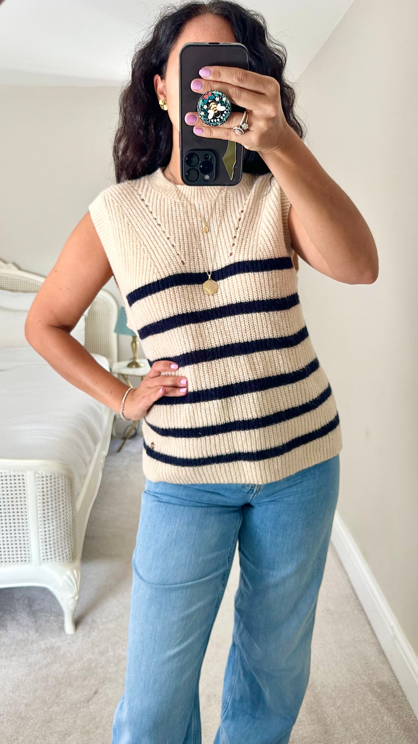 Petite Etoile cream navy mohair blend stripe tank top waistcoat knitted medium UK 10 12 vgc