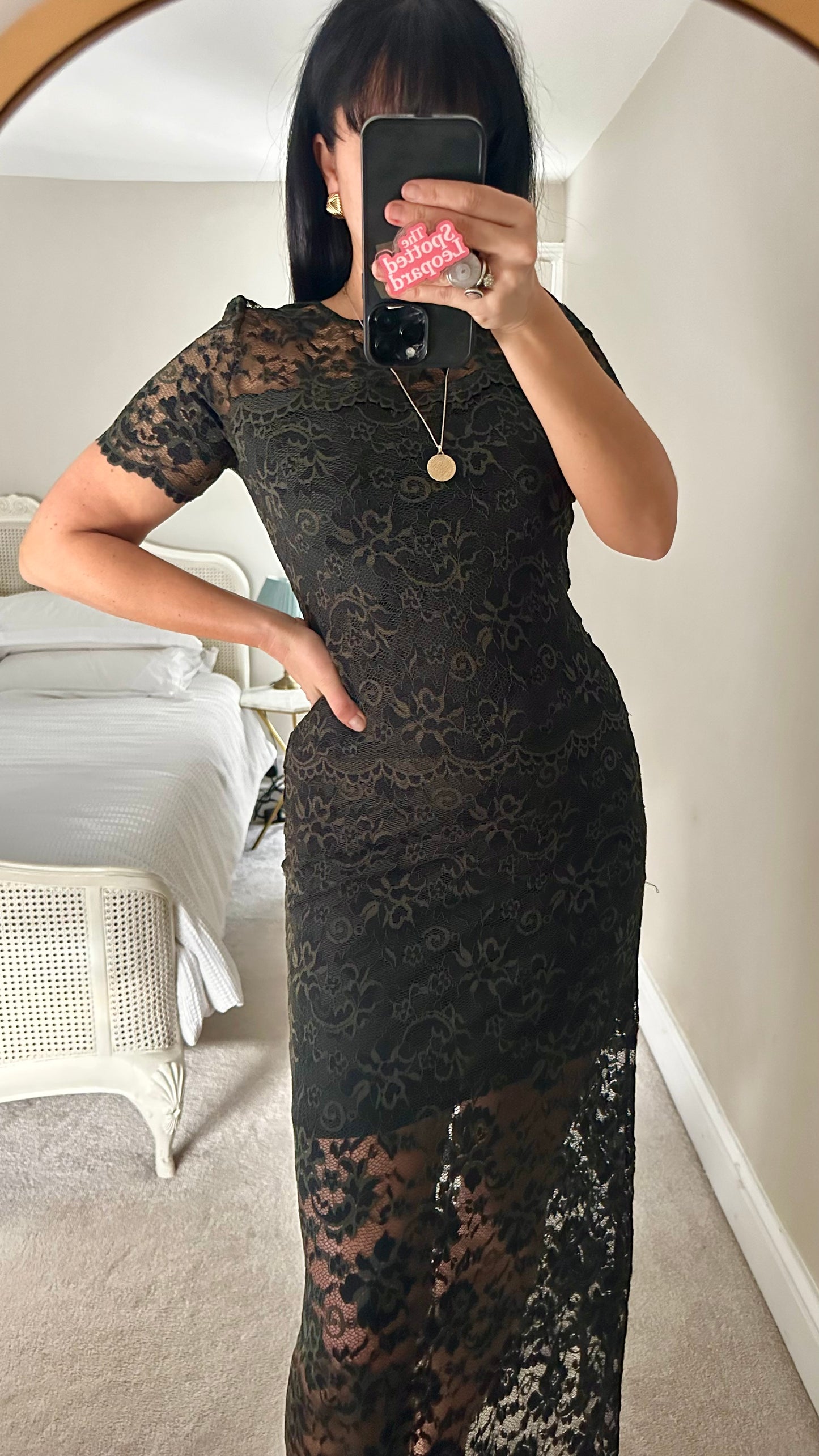 Ganni dark green olive khaki lace maxi dress small UK 10 stretch event vgc