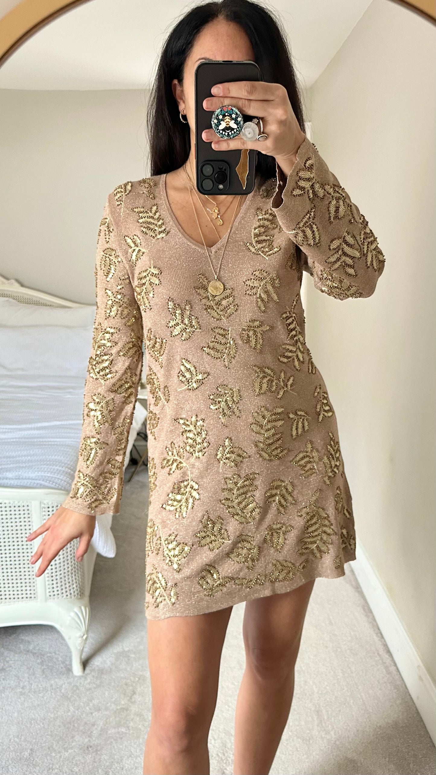 Zara bronze gold leaf sequin mini party dress event small UK 8 vgc