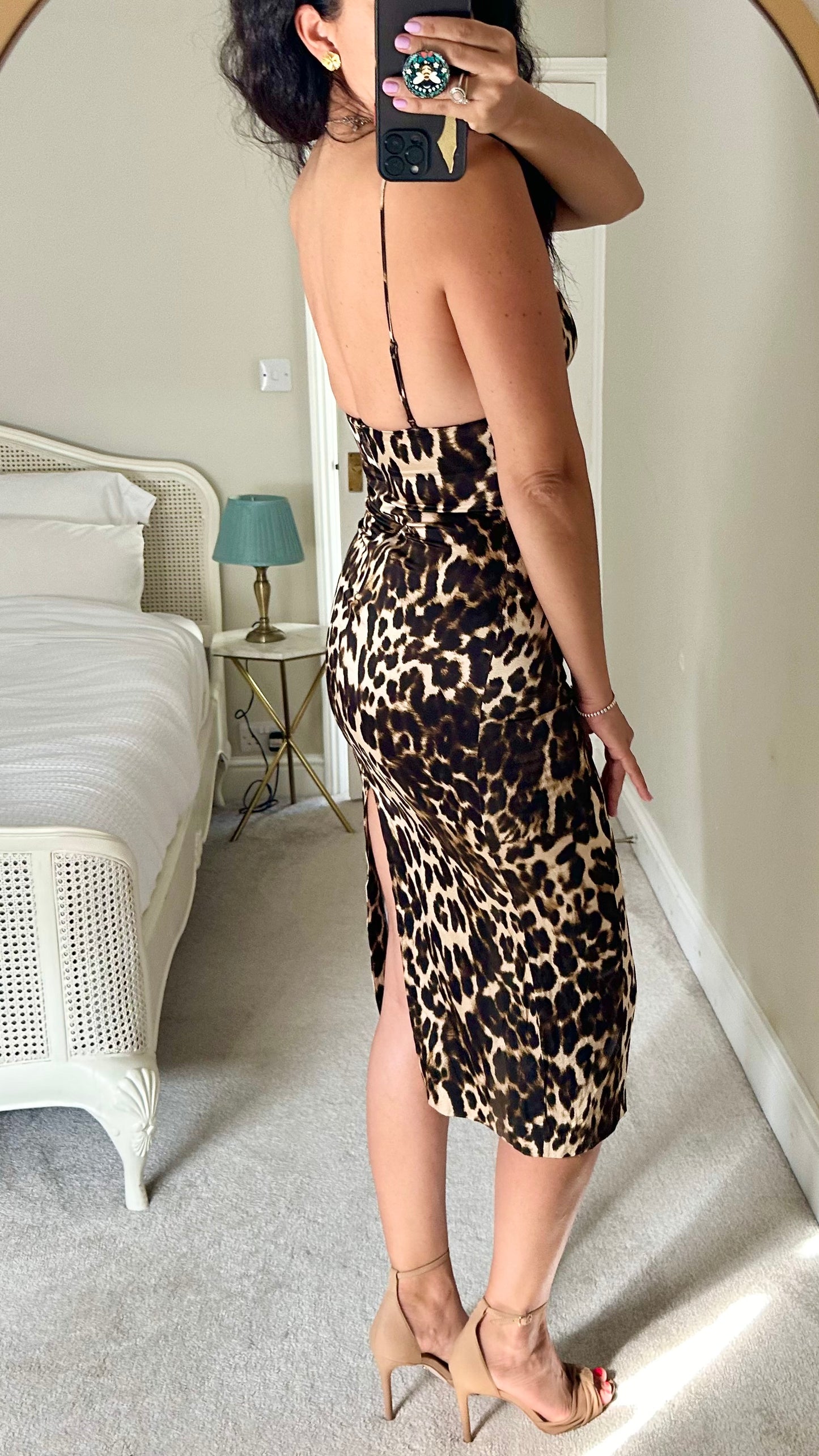 Zara leopard print satin evening cut out midi dress small UK 8 vgc