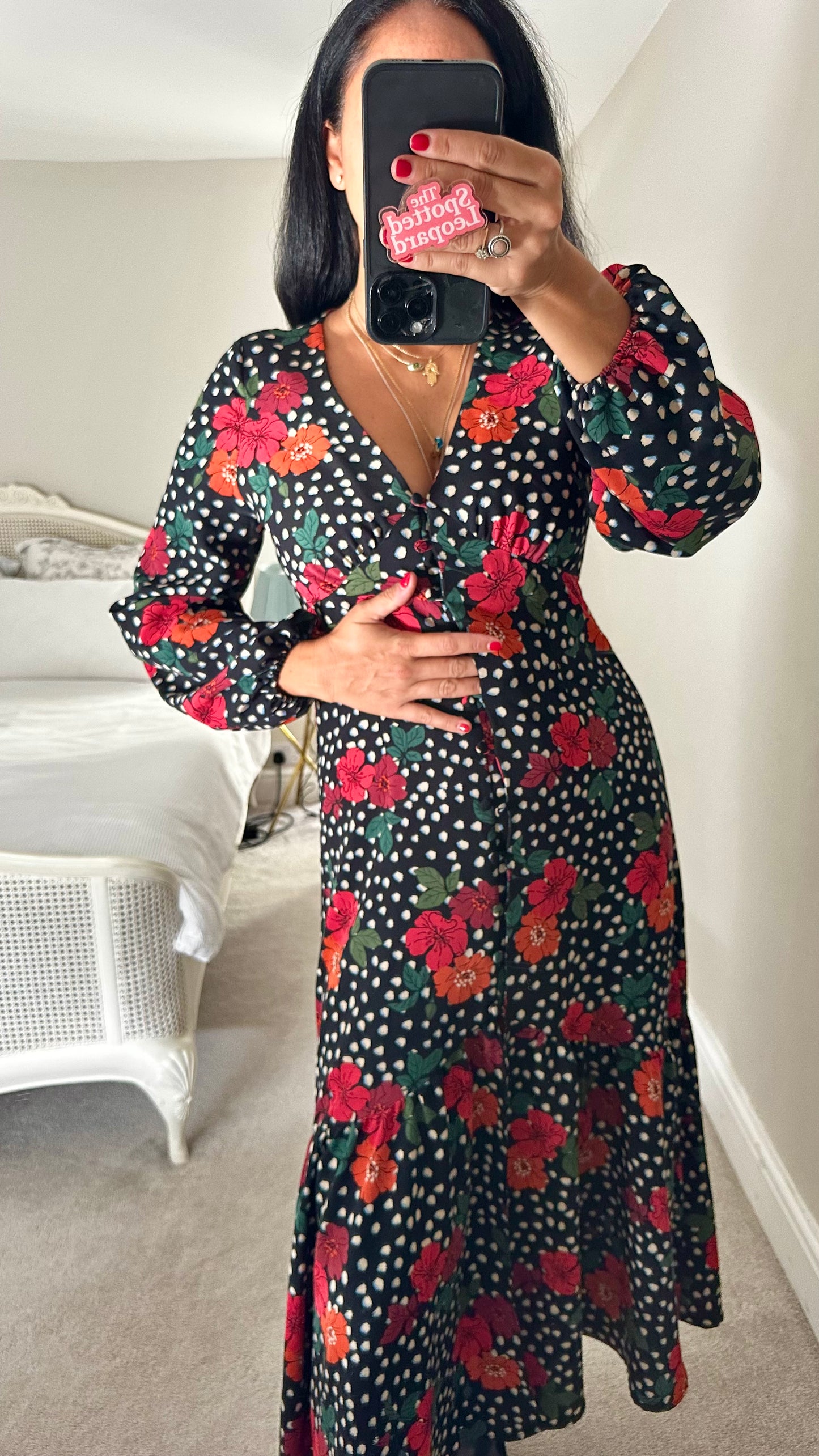 Topshop black red Polk dot midi long dress medium UK 12 vgc