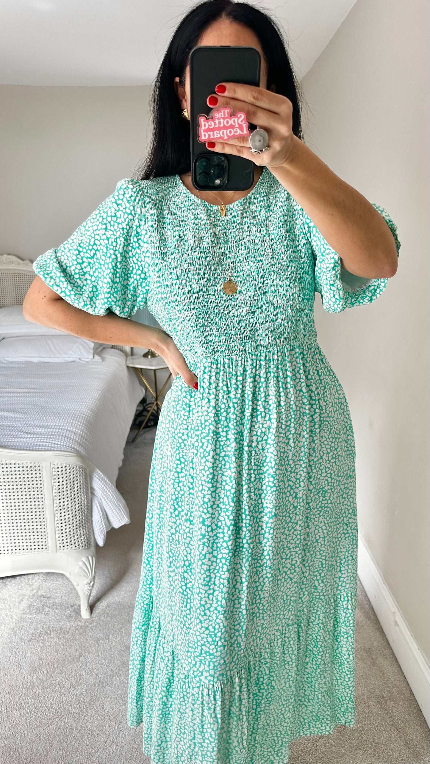 Nobody’s Child mint green white polka dot midi long dress small medium UK 10 14