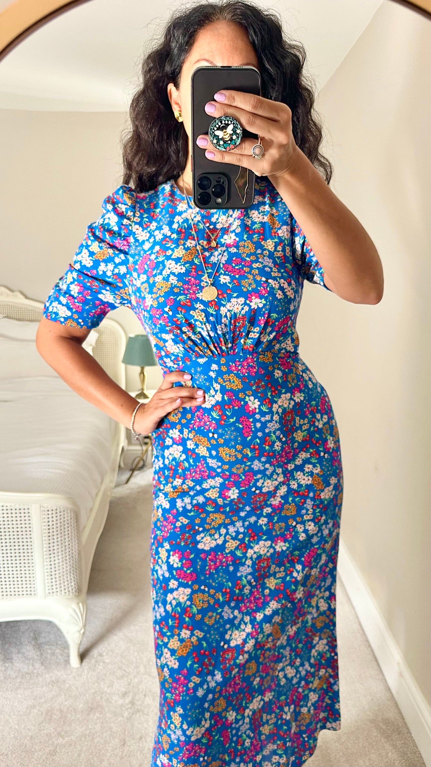 Nobody’s Child bright blue bee floral midi dress small medium UK 10 14 vgc