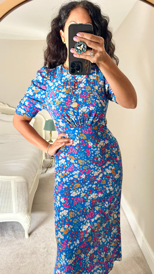 Nobody’s Child bright blue bee floral midi dress small medium UK 10 14 vgc