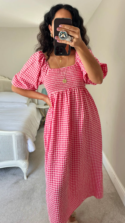 Nobody’s child pink gingham puff-sleeved midi long dress medium UK 10-12