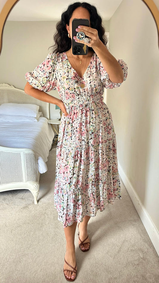 Oliver Bonas wedding guest pink floral midi dress extra large UK 14 vgc