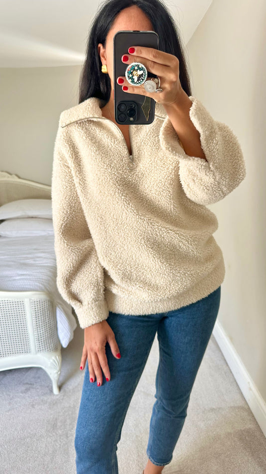 & other stories cream white teddy fleece jumper top jacket small UK 8 vgc casual w25