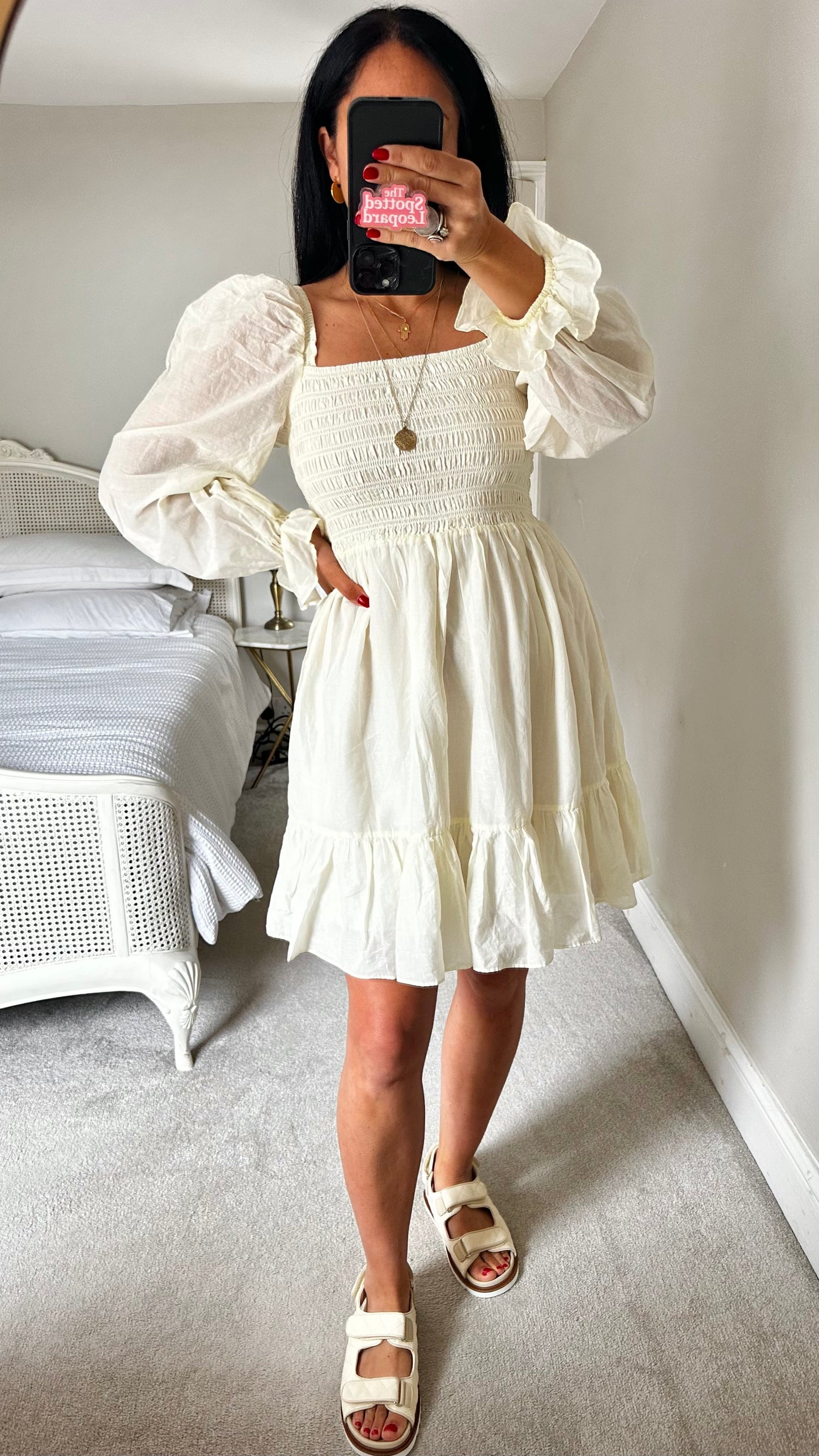 & other stories cream cotton blend shirred bust mini dress medium UK 12-14